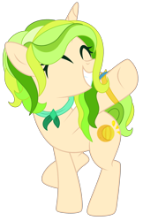 Size: 1867x2886 | Tagged: safe, artist:rukemon, oc, oc only, oc:citrus squeeze, pony, unicorn, icey-verse, bracelet, commission, eyes closed, female, grin, jewelry, magical lesbian spawn, mare, offspring, parent:lily lace, parent:sunshine smiles, parents:sunlace, raised hoof, raised leg, simple background, smiling, solo, transparent background