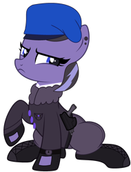 Size: 1780x2347 | Tagged: safe, artist:rukemon, oc, oc only, oc:lunal guard, earth pony, pony, belt, beret, bomber jacket, boots, clothes, commission, ear piercing, earring, female, gun, handgun, hat, holster, jacket, jewelry, mare, pants, piercing, pistol, raised hoof, shirt, shoes, simple background, sitting, solo, transparent background, unamused, watch, weapon, wristwatch