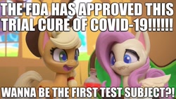 Size: 2048x1152 | Tagged: safe, edit, edited screencap, editor:useraccount, screencap, applejack, fluttershy, earth pony, pegasus, pony, fluttershy's hiccups, g4.5, my little pony: stop motion short, caption, coronavirus, covid-19, cure, excessive exclamation marks, fda, image macro, medicine, potion, text