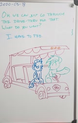 Size: 2764x1768 | Tagged: safe, artist:sketchwork_gd_inuk, ocellus, sandbar, changedling, changeling, earth pony, pony, g4, dialogue, duo, female, golf cart, male, need to pee, potty time, traditional art, whiteboard