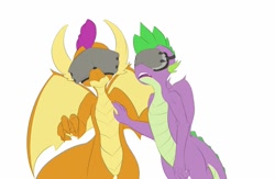 Size: 1280x832 | Tagged: safe, artist:peppertech, smolder, spike, dragon, g4, accidental groping, dragoness, duo, duo male and female, female, male, mistakes were made, older, older spike, open mouth, ship:spolder, shipping, straight, teenage spike, teenaged dragon, teenager, this will not end well, touching, virtual reality, vr headset, winged spike, wings