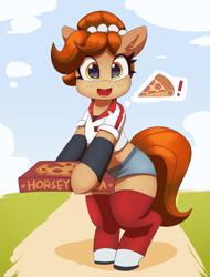 Size: 3183x4196 | Tagged: safe, artist:pabbley, oc, oc only, oc:brownie bun, earth pony, pony, belly button, bipedal, clothes, cosplay, costume, delivery, female, food, happy, high res, hoof hold, leg warmers, looking at you, mare, pizza, pizza box, shirt, shorts, smiling, socks, solo