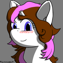 Size: 600x600 | Tagged: safe, artist:skydreams, oc, oc only, oc:lyric, pony, unicorn, blushing, broken horn, bust, commission, femboy, horn, male, portrait, simple background, smiling, stallion