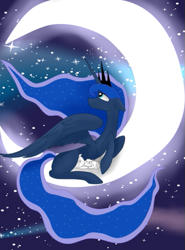 Size: 431x583 | Tagged: safe, artist:alicetriestodraw, princess luna, oc, g4, crescent moon, hijo de la luna, maternaluna, moon, stars