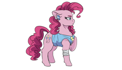 Size: 2920x1668 | Tagged: safe, artist:tillie-tmb, pinkie pie, earth pony, pony, g4, alternate design, bandage, clothes, ear piercing, earring, female, jewelry, mare, piercing, raised hoof, simple background, solo, vest, white background