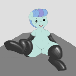 Size: 5000x5000 | Tagged: safe, artist:quarantinedchaoz, color edit, derpibooru exclusive, edit, editor:minus, oc, oc only, oc:rocky (colt quest), pony, unicorn, colt quest, absurd resolution, bedroom eyes, belly, belly button, chubby, clothes, colored, colt, drool, featureless crotch, foal, gray background, latex, latex socks, looking at you, male, on back, open mouth, raised leg, sexy, simple background, socks, solo, thighs, thunder thighs, two toned mane
