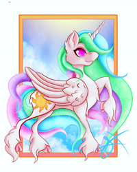 Size: 3276x4096 | Tagged: safe, artist:xenyu, princess celestia, alicorn, pony, g4, cloud, female, mare, raised hoof, signature, smiling, solo, sunlight, unshorn fetlocks