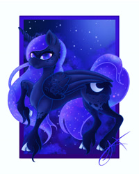 Size: 3276x4096 | Tagged: safe, artist:xenyu, princess luna, alicorn, pony, g4, cloven hooves, ethereal mane, female, mare, night, raised hoof, signature, solo, starry mane, stars, unshorn fetlocks