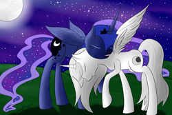 Size: 1936x1296 | Tagged: safe, artist:bronymirage, princess luna, oc, g4, hijo de la luna, hug, moon, night