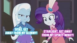 Size: 739x415 | Tagged: safe, edit, edited screencap, screencap, rarity, trixie, equestria girls, equestria girls series, g4, rarity investigates: the case of the bedazzled boot, caption, image macro, implied infidelity, implied lesbian, implied shipping, implied sparity, implied sparlight, implied spike, implied starlight glimmer, implied startrix, implied straight, meme, rarity investigates (eqg): trixie, text