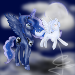 Size: 1000x1000 | Tagged: safe, artist:xxmarijuanaxx, princess luna, oc, alicorn, pony, g4, alicorn oc, blushing, cloud, fog, hijo de la luna, horn, magic, magic aura, maternaluna, moon, son of the moon, wings