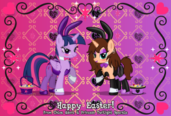 Size: 4409x3000 | Tagged: safe, artist:cyberapple456, twilight sparkle, oc, oc:chloe adore, alicorn, pony, unicorn, g4, basket, blushing, boots, bow, bunny ears, bunny girl, bunny suit, clothes, collar, cutie mark background, ear piercing, earring, easter, easter basket, egg, eyeshadow, female, fetish, fishnet stockings, gloves, gradient background, graphic design, heart, holiday, jewelry, leggings, leotard, lidded eyes, lipstick, looking at you, makeup, piercing, pony oc, pose, purple eyeshadow, purple lipstick, shoes, twilight sparkle (alicorn), vector