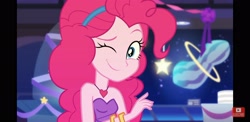 Size: 2960x1440 | Tagged: safe, screencap, pinkie pie, equestria girls, g4, my little pony equestria girls: better together, twilight under the stars, bare shoulders, bracelet, breaking the fourth wall, clothes, dress, female, hairband, heart necklace, jewelry, one eye closed, sleeveless, solo, strapless, wink