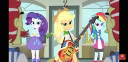 Size: 2220x1080 | Tagged: safe, screencap, applejack, flam, flim, rainbow dash, rarity, a case for the bass, equestria girls, g4, ponied up, upscaled, youtube