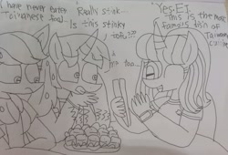 Size: 3014x2047 | Tagged: safe, artist:徐詩珮, oc, oc only, oc:ej, oc:hsu amity, oc:rainbow eevee, alicorn, anthro, plantigrade anthro, alicorn oc, china, dialogue, female, gritted teeth, high res, horn, male, mare, monochrome, one eye closed, open mouth, stallion, taiwan, traditional art, trio, wide eyes, wings