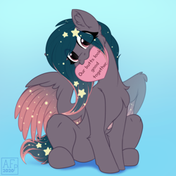 Size: 3500x3500 | Tagged: safe, artist:airfly-pony, part of a set, oc, oc only, oc:star universe, pegasus, pony, commission, cute, ethereal mane, ethereal wings, female, head tilt, heart, high res, implying, looking at you, message, mouth hold, simple background, solo, spread wings, subtle as a train wreck, text, wings, ych result