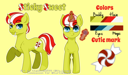 Size: 1500x875 | Tagged: safe, artist:helithusvy, oc, oc only, oc:sticky sweet, pony, unicorn, blue eyes, candy, commission, food, magic, male, reference sheet, simple background, solo, stallion, yellow background