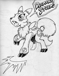 Size: 1001x1280 | Tagged: safe, artist:kandlin, artist:yawg, hybrid, renamon, barely pony related, claws, cutie mark, digimon, female, monochrome, ponified, pony hybrid, simple background, solo, speech bubble, text, traditional art, white background