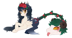 Size: 1000x528 | Tagged: safe, artist:glitterring, oc, oc only, cow plant pony, monster pony, original species, plant pony, pony, :p, augmented tail, fangs, female, floral head wreath, flower, hoof fluff, hoof polish, plant, prone, rose, simple background, slit pupils, smiling, thorn, tongue out, transparent background, wings