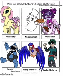 Size: 1080x1290 | Tagged: safe, artist:captain__undyne, fluttershy, bird, ghost, human, pegasus, pony, spider, undead, anthro, g4, anthro with ponies, bread, bust, clothes, croissant, crossover, cuphead, deltarune, female, food, hat, izuku midoriya, lancer (deltarune), mare, muffet, my hero academia, napstablook, plate, raised hoof, six fanarts, studio mdhr, tongue out, top hat, undertale, wally warbles