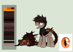 Size: 900x637 | Tagged: safe, artist:glitterring, oc, oc only, cow plant pony, monster pony, original species, plant pony, augmented tail, bat wings, fangs, horn, male, plant, reference sheet, simple background, slit pupils, smiling, tongue out, wings