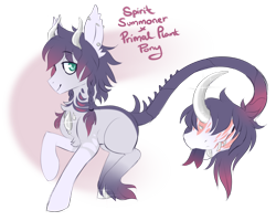 Size: 1024x820 | Tagged: safe, artist:glitterring, oc, oc only, cow plant pony, monster pony, original species, plant pony, augmented tail, chest fluff, curved horn, ear piercing, fangs, forked tongue, horn, male, piercing, plant, raised hoof, simple background, smiling, thorn, transparent background
