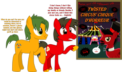 Size: 3527x2088 | Tagged: safe, artist:shadymeadow, oc, oc only, oc:fried egg, oc:scorpion chain, oc:twisted circus, earth pony, pony, unicorn, hat, high res, male, poster, simple background, stallion, teenager, top hat, transparent background
