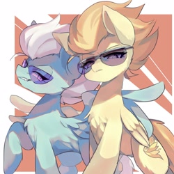 Size: 1600x1600 | Tagged: safe, artist:masa_0006, fleetfoot, spitfire, pegasus, pony, abstract background, chest fluff, cute, duo, featured image, female, fluffy, frown, glare, grin, hug, leg fluff, looking at you, mare, raised hoof, smiling, smirk, spread wings, sunglasses, winghug, wings