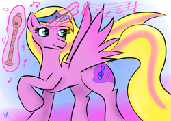 Size: 841x595 | Tagged: safe, melody, alicorn, pony, blonde, commission, female, flute, music, musical instrument, pink, present, princess, race swap, solo
