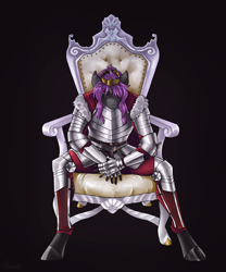 Size: 2500x3000 | Tagged: safe, artist:jeshh, oc, oc only, oc:violet umbral, anthro, unguligrade anthro, armor, black background, chair, high res, male, offspring, parent:king sombra, parent:rarity, parents:sombrarity, simple background, solo, stallion