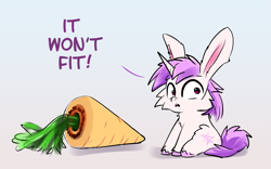 Size: 2285x1425 | Tagged: safe, artist:xbi, oc, oc only, oc:lapush buns, bunnycorn, pony, unicorn, bunny ears, carrot, food, gradient background, not going to fit, solo