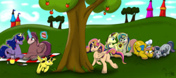 Size: 2000x889 | Tagged: safe, artist:cactuscowboydan, oc, oc:heartstrong flare, oc:king righteous authority, oc:king speedy hooves, oc:princess mythic majestic, oc:princess young heart, oc:queen fresh care, oc:queen galaxia (bigonionbean), oc:tommy the human, alicorn, pony, apple, apple tree, blushing, cake, chasing own tail, child, clothes, colt, commissioner:bigonionbean, conductor, cookie, couples, cousins, crown, cutie mark, dessert, ethereal mane, female, filly, food, fruit, fusion, fusion:apple bloom, fusion:big macintosh, fusion:braeburn, fusion:caboose, fusion:carrot top, fusion:derpy hooves, fusion:dinky hooves, fusion:doctor whooves, fusion:flash sentry, fusion:fluttershy, fusion:golden harvest, fusion:mayor mare, fusion:minuette, fusion:prince blueblood, fusion:princess cadance, fusion:princess celestia, fusion:princess luna, fusion:promontory, fusion:rarity, fusion:scootaloo, fusion:shining armor, fusion:silver zoom, fusion:starlight glimmer, fusion:sunburst, fusion:sweetie belle, fusion:time turner, fusion:trouble shoes, fusion:twilight sparkle, fusion:wind waker, fusion:zecora, glasses, hat, husband and wife, jewelry, juice, lemonade, magic, male, muffin, nuzzling, picnic, ponyville, regalia, tree, uniform, wonderbolt trainee uniform, writer:bigonionbean