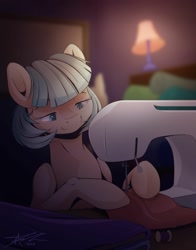 Size: 1024x1304 | Tagged: safe, artist:mindlesssketching, coco pommel, earth pony, pony, g4, colored pupils, female, lamp, lidded eyes, mare, sewing machine, smiling, solo, working