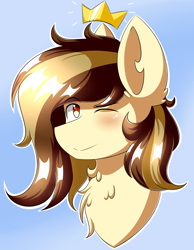 Size: 2520x3240 | Tagged: safe, artist:prism(not colourful), oc, oc only, oc:prince whateverer, pony, blue background, bust, high res, male, one eye closed, portrait, simple background, solo, stallion, wink
