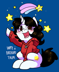 Size: 858x1038 | Tagged: safe, artist:paperbagpony, oc, oc:talim, pony, unicorn, blushing, female, happy birthday, stars