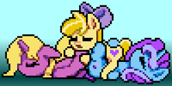 Size: 300x150 | Tagged: safe, artist:bitassembly, edit, oc, oc only, oc:amber streak, oc:bright star, oc:untitled work, pony, butt pillow, cuddling, pixel art, pony pile, sleeping, trio