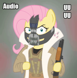 Size: 564x572 | Tagged: safe, ai assisted, ai content, artist:fluttershyfree, fifteen.ai, applejack, fluttershy, pinkie pie, rainbow dash, rarity, twilight sparkle, g4, aivo, animated, avo, bane, baneposting, clothes, cosplay, costume, female, gun, parody, pony preservation project, shotgun, sound, sound only, the dark knight rises, weapon, webm