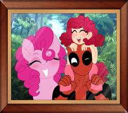 Size: 1199x1066 | Tagged: safe, artist:unoriginai, pinkie pie, oc, oc:painkie, human, pony, satyr, g4, crossover, crossover shipping, cute, deadpool, family photo, female, interspecies offspring, looking at you, male, mother and father and daughter, offspring, parent:deadpool, parent:pinkie pie, parents:pinkiepool, picture frame, pinkiepool (pairing), shipping, straight