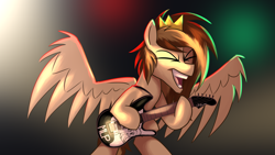 Size: 4800x2700 | Tagged: safe, artist:autumn feather, oc, oc only, oc:prince whateverer, pegasus, pony, crown, guitar, high res, jewelry, musical instrument, regalia, singing, solo