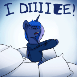 Size: 1000x1000 | Tagged: safe, artist:anticular, edit, princess luna, alicorn, pony, g4, 1000 years in photoshop, animated, clothes, death, dialogue, eyes closed, female, hoodie, mare, mulan, open mouth, pillow, sitting, solo, sweater, talking