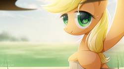 Size: 1920x1080 | Tagged: safe, artist:jeremywithlove, edit, applejack, earth pony, pony, g4, cute, female, fence, heart, heart eyes, jackabetes, looking at you, solo, wallpaper, wingding eyes