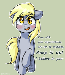 Size: 1000x1150 | Tagged: safe, artist:cottonsweets, derpy hooves, pegasus, pony, g4, blushing, cute, derpabetes, dialogue, female, green background, mare, open mouth, positive ponies, raised hoof, signature, simple background, sketch, solo, talking to viewer