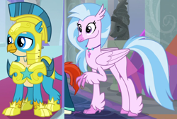 Size: 1210x813 | Tagged: safe, edit, screencap, gallus, silverstream, classical hippogriff, griffon, hippogriff, g4, the last problem, adult, all is well, armor, armor claws, captain of royal guards, cheerful, claws, cropped, female, happy, jewelry, male, necklace, offscreen character, older, older gallus, older silverstream, pearl necklace, royal guard gallus, ship:gallstream, shipping, straight, talons, unshorn fetlocks