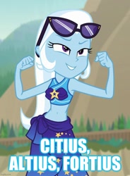 Size: 739x1006 | Tagged: safe, edit, edited screencap, screencap, trixie, equestria girls, equestria girls series, forgotten friendship, g4, belly button, caption, clothes, cropped, female, flexing, image macro, latin, meme, midriff, motto, olympic motto, olympics, sarong, sunglasses, swimsuit, text