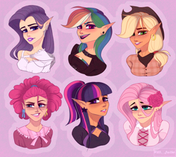 Size: 2900x2600 | Tagged: safe, artist:villjulie, applejack, fluttershy, pinkie pie, rainbow dash, rarity, twilight sparkle, human, g4, clothes, cowboy hat, digital art, ear piercing, elf ears, female, flower, flower in hair, freckles, hat, high res, humanized, lipstick, mane six, piercing, smiling, stetson