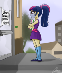 Size: 2081x2464 | Tagged: safe, artist:oinktweetstudios, sci-twi, twilight sparkle, equestria girls, g4, book, closed, clothes, coronavirus, covid-19, door, high res, human coloration, library, mask, socks