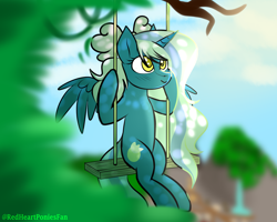 Size: 2500x2000 | Tagged: safe, artist:redheartponiesfan, oc, oc:fleurbelle, alicorn, pony, alicorn oc, bow, female, hair bow, high res, horn, mare, sky, smiling, swing, swinging, tree, vine, waterfall, wings, yellow eyes