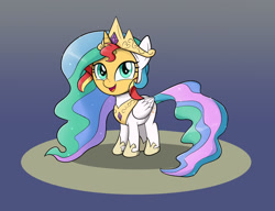 Size: 1300x1000 | Tagged: safe, artist:mew-me, princess celestia, sunset shimmer, pony, unicorn, g4, clothes, cosplay, costume, crown, cute, female, filly, filly sunset shimmer, happy, jewelry, pony costume, regalia, shimmerbetes, weapons-grade cute, younger