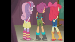 Size: 1200x676 | Tagged: safe, screencap, apple bloom, scootaloo, sweetie belle, equestria girls, g4, happily ever after party, happily ever after party: rainbow dash, my little pony equestria girls: better together, animated, apple bloom's bow, arm behind back, ass, boots, bow, butt, chalkboard, clothes, curtains, cutie mark crusaders, female, gif, hair bow, hoodie, jacket, jeans, pants, shirt, shoes, shorts, skirt, sneaking