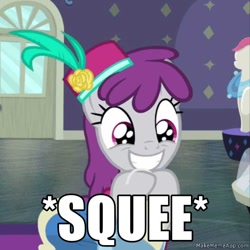 Size: 720x720 | Tagged: safe, edit, edited screencap, screencap, silver berry, earth pony, pony, fake it 'til you make it, g4, caption, cropped, cute, female, happy, image macro, mare, smiling, solo, squee, text